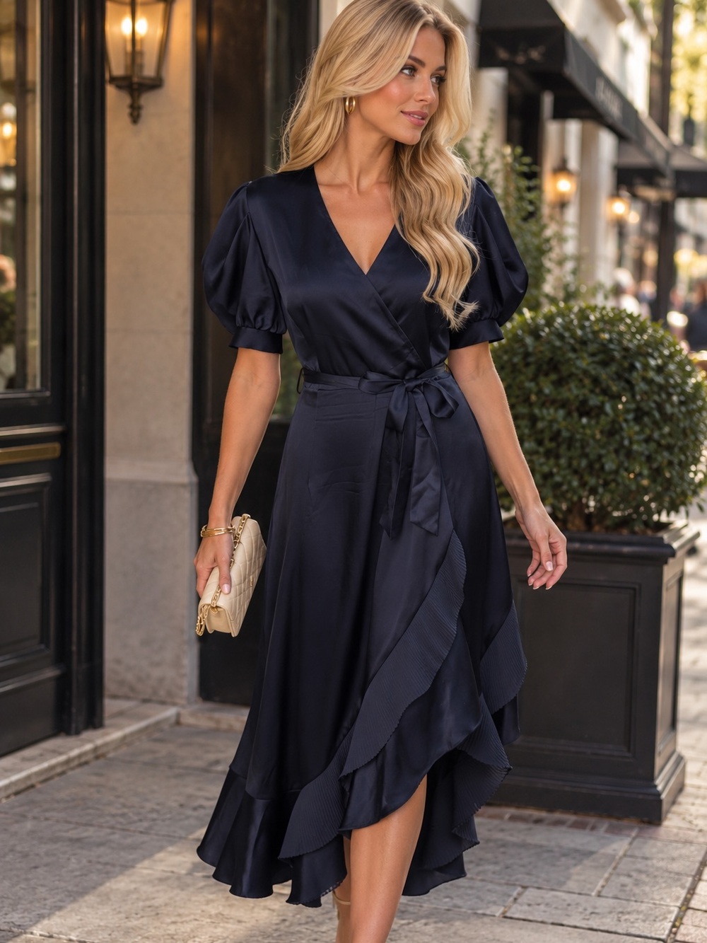 Diane Von Furstenberg Navy Satin Wrap Midi Dress